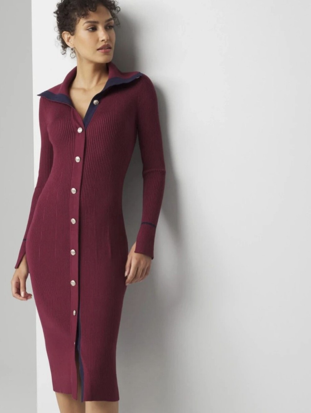 White House Black Market Burgundy Button-Front Maxi Sweater Dress